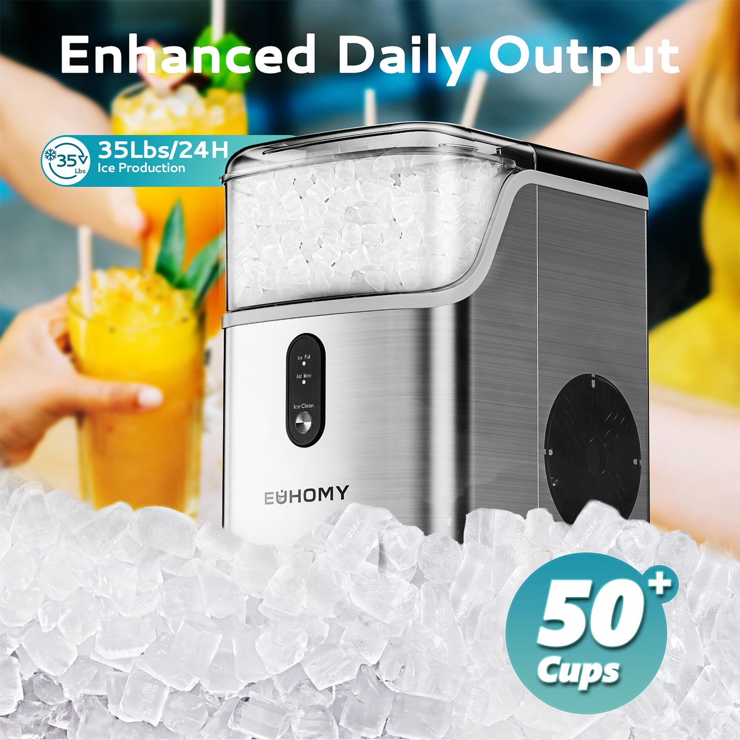 EUHOMY Pebble Ice Maker Machine with 35lbs/24H Soft Ice, Self-Cleaning - Euhomy