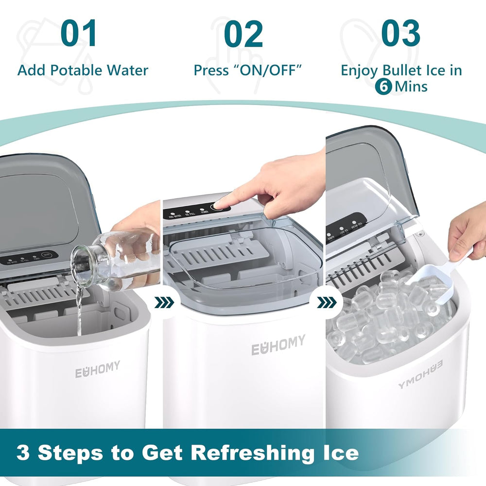 
                      
                        EUHOMY 12'' White Bullet Ice Portable Ultra Quieter Ice Maker with Handle - Euhomy
                      
                    