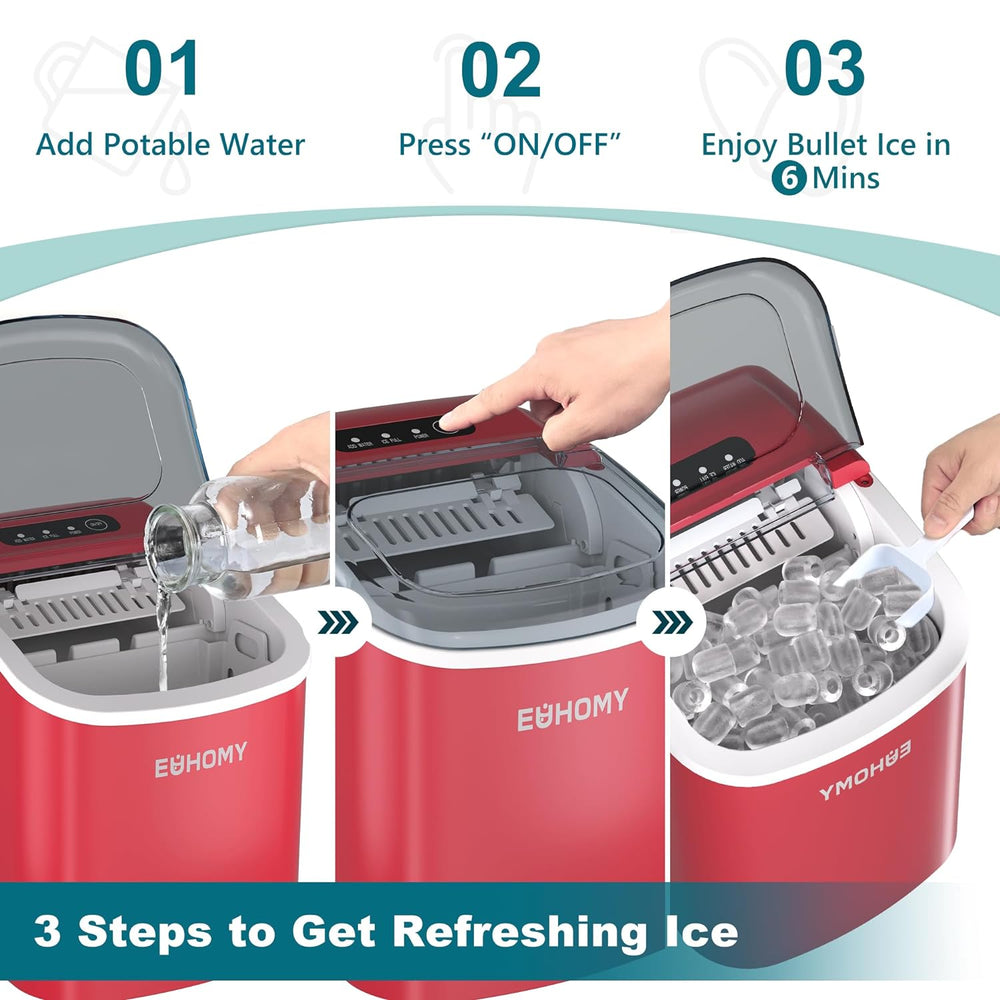 
                      
                        EUHOMY 12'' Red Bullet Ice Portable Self-Cleaning Ice Maker with Handle - Euhomy
                      
                    