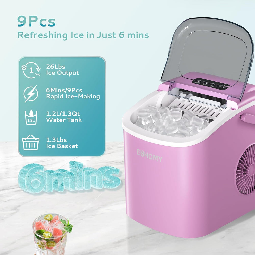 EUHOMY 12'' Pink Ultra Quieter Bullet Ice Portable Ice Maker with Handle - Euhomy