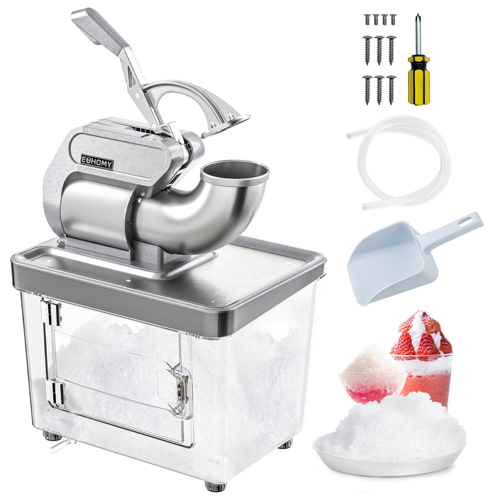 EUHOMY Commercial Ice Crusher, 500Lbs/H, ETL Approval, Snow Cone Machine with Dual Blades, Easy-to-Clean, 300W Electric Shaved Ice Machine with Safety Switch for Both Home & Commercial Use (Silver)